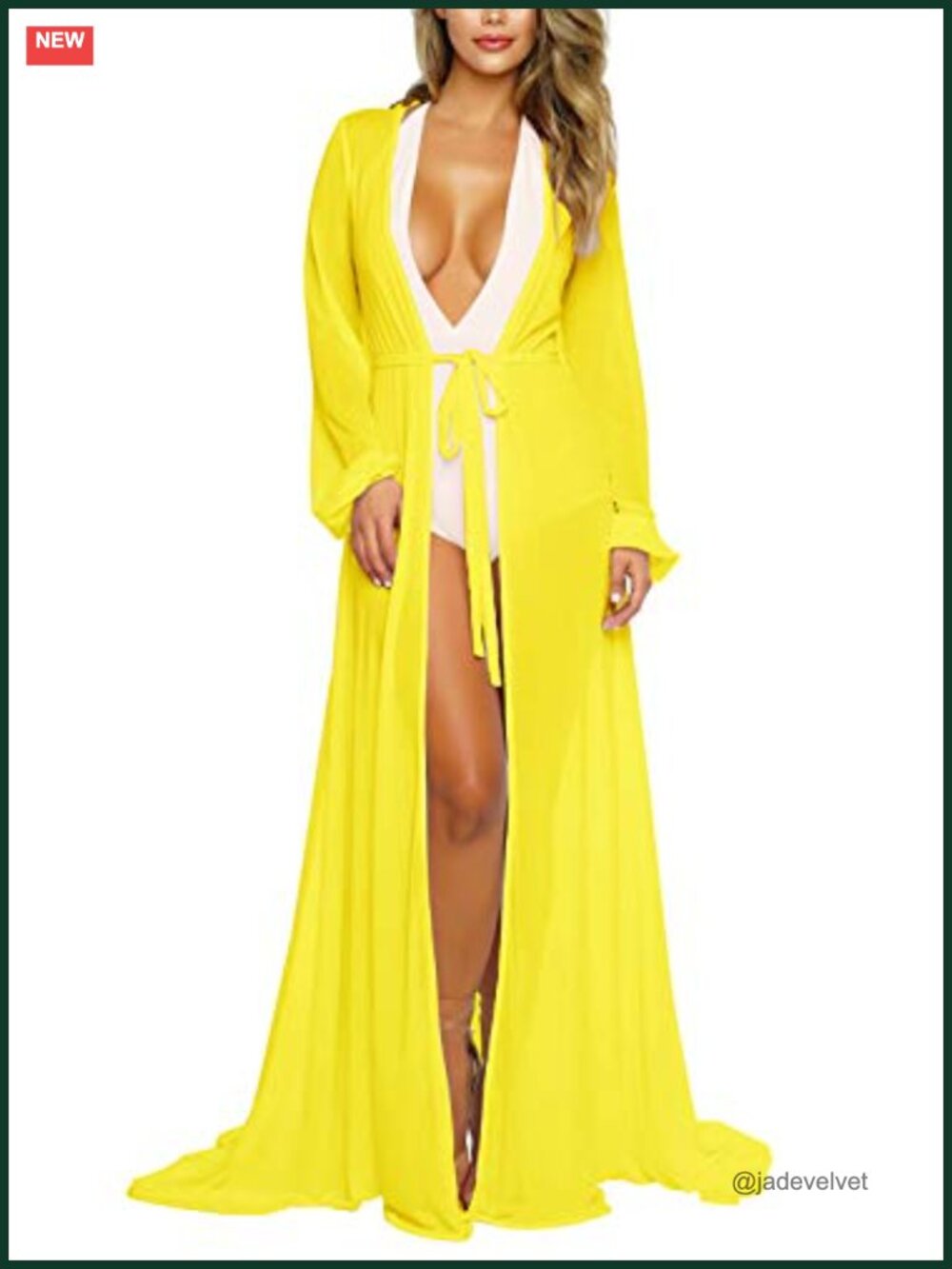 Long Sleeve Maxi Swim Cover Up Tie Front V-Neck Sheer Robe